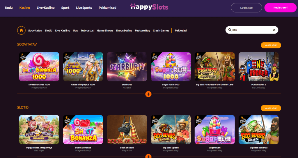 HappySlots casino mängude kataloog