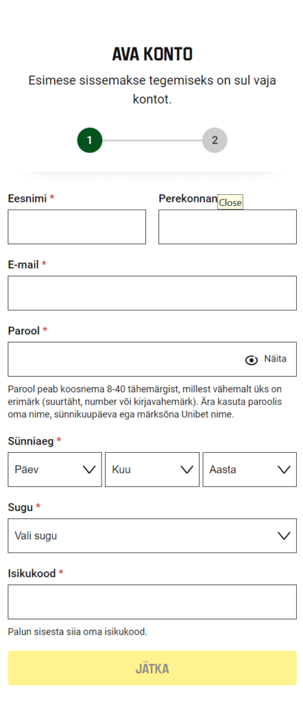 Unibet konto registreerimine