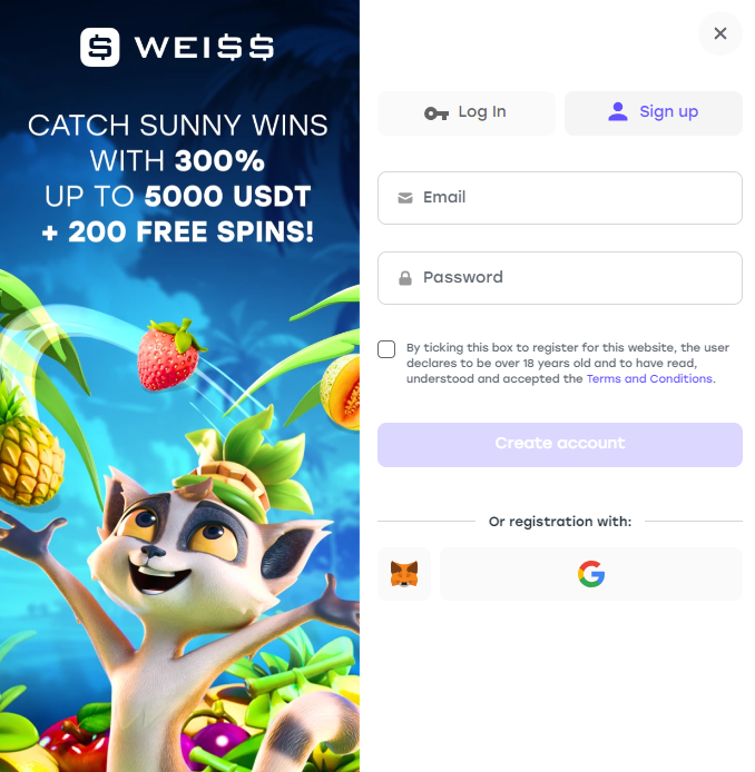 Weiss Casino konto registreerimine ja sisselogimine
