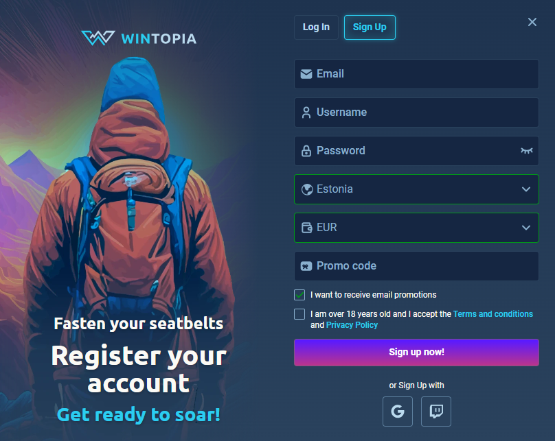 Wintopia Регистрация