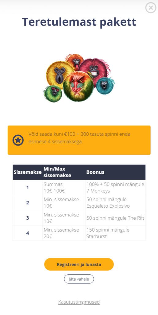 Chanz online kasiino Teretulemast pakett